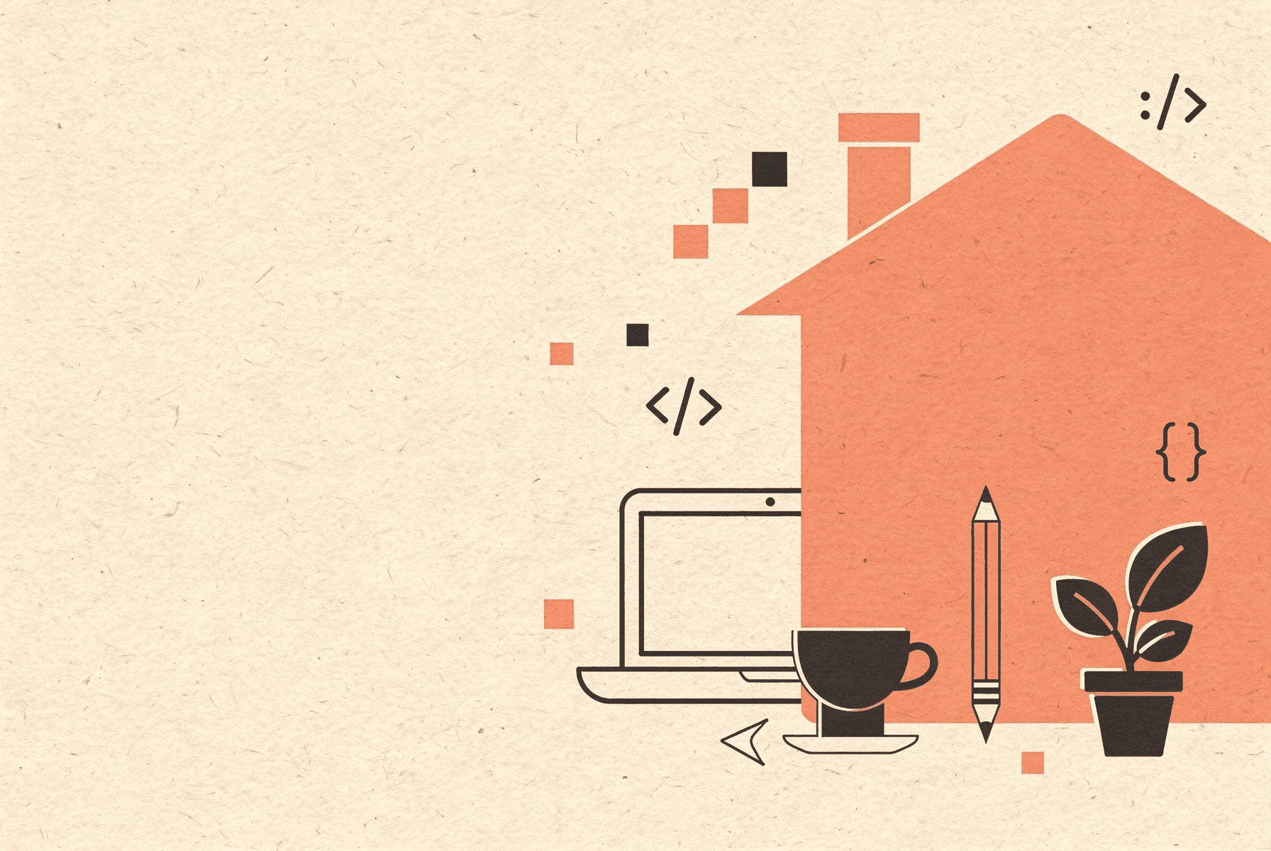 Editorial illustration of the SME Shack brand — a coral house with floating digital tools around it, representing craftsmanship for UK small businesses