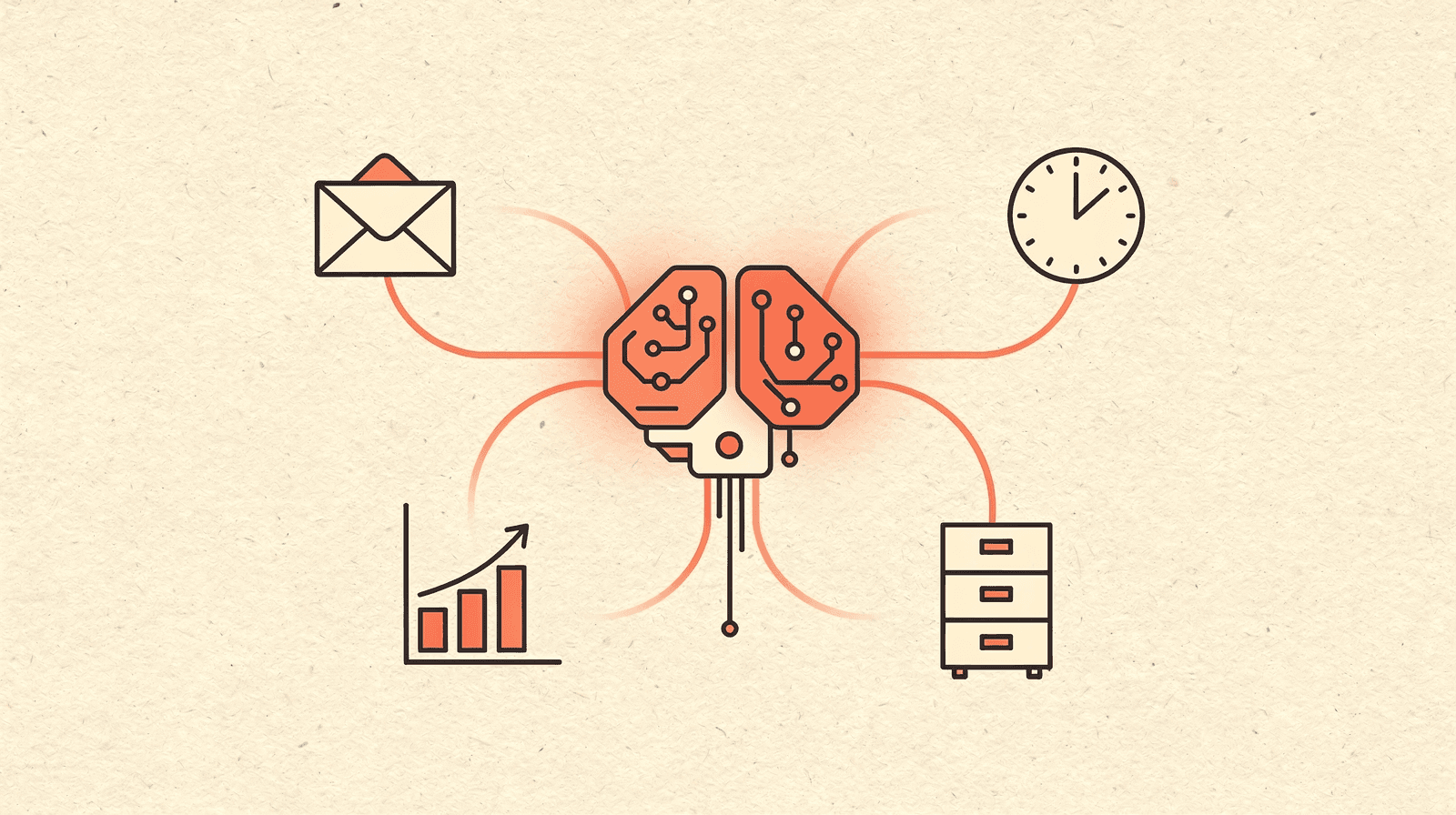 Editorial illustration of AI quietly automating small business tools — an AI brain hub connected to email, reports, time tracking, and documents