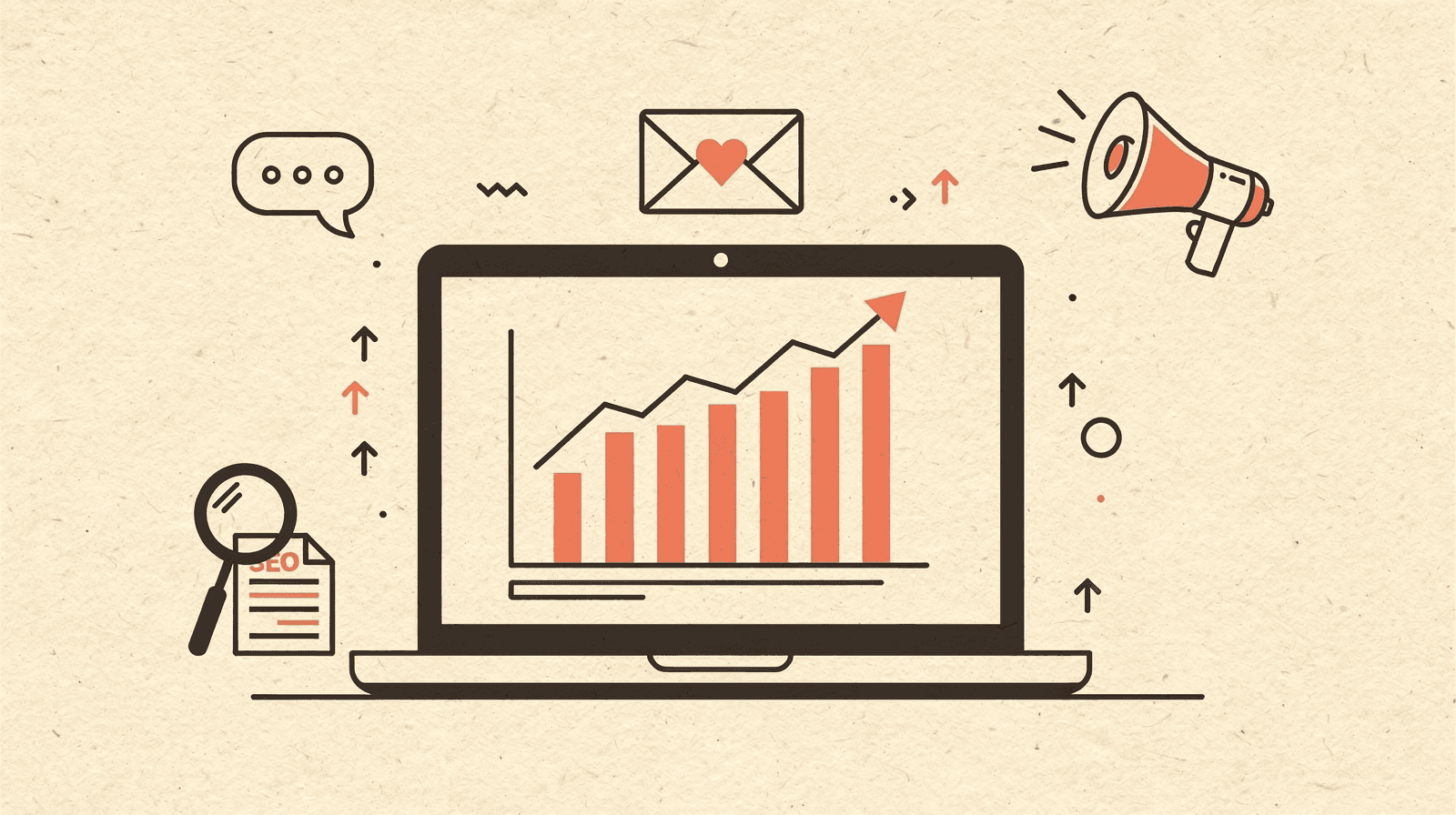 Editorial illustration of digital marketing channels working together