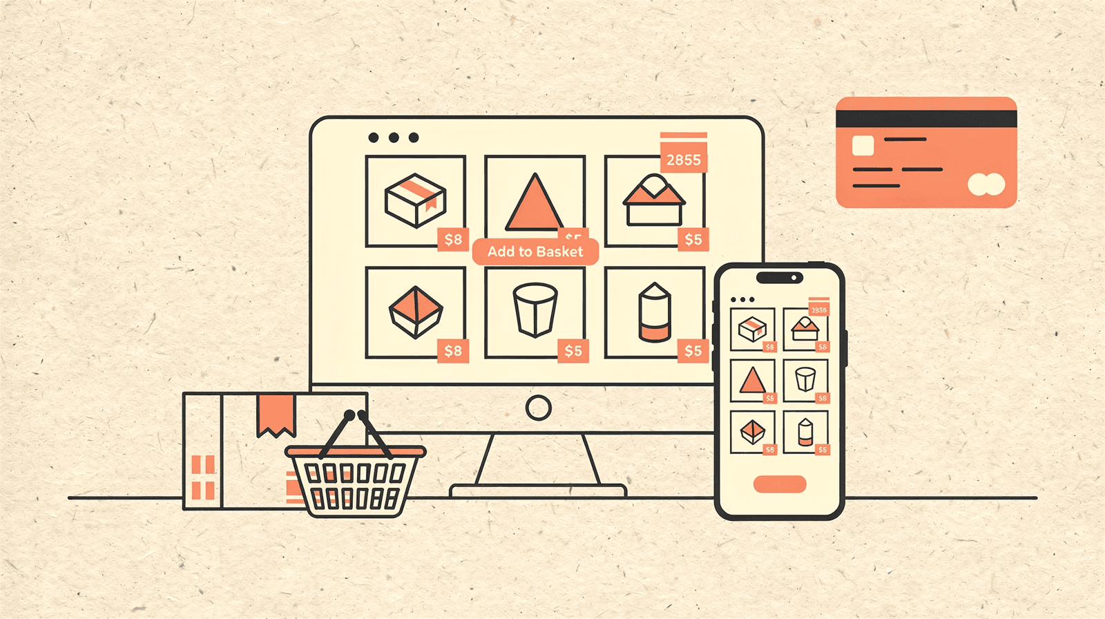 Editorial illustration of an online shop with products, basket and card reader