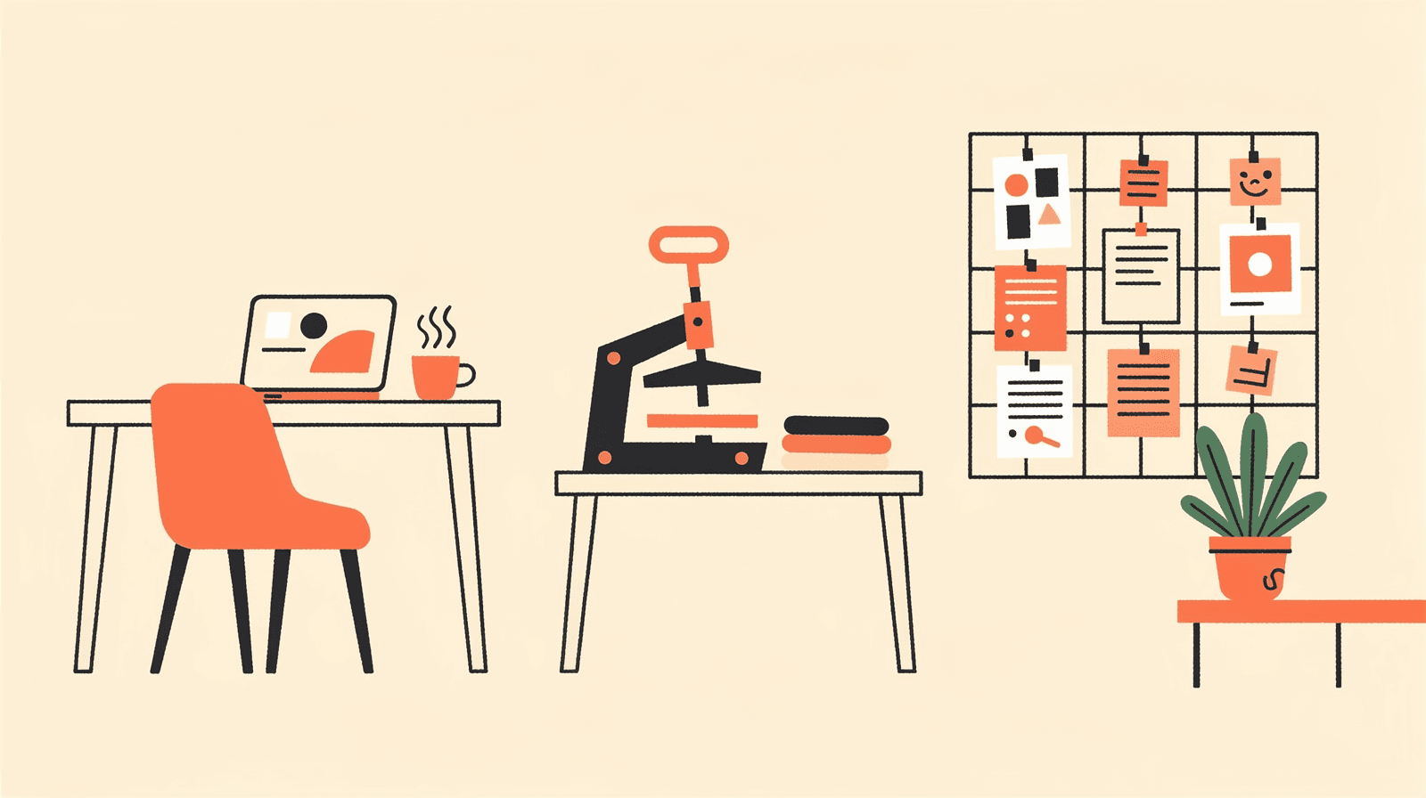 Editorial illustration of a small business workshop with a desk, craft station, and planning wall