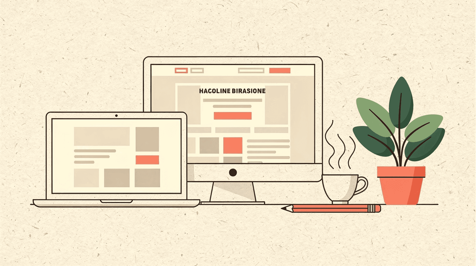 Editorial illustration of a small business website being built — desktop and laptop screens showing a clean web layout, a coffee cup and a plant